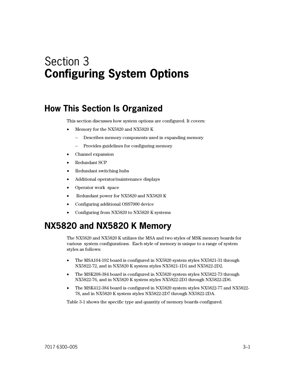 Section 3. configuring system options, How this section is organized, Nx5820 and nx5820 k memory | Section 3, Configuring system options | Unisys NX5820 User Manual | Page 67 / 176