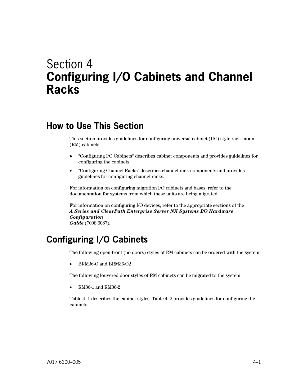 How to use this section, Configuring i/o cabinets, Section 4 | Configuring i/o cabinets and channel racks | Unisys NX5820 User Manual | Page 83 / 176