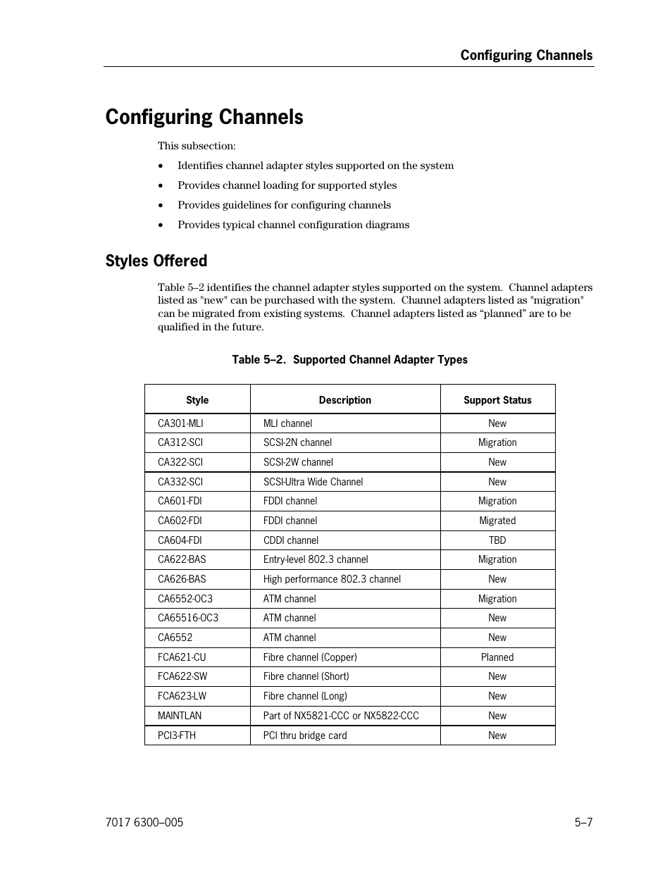 Configuring channels, Styles offered, Supported channel adapter types | Unisys NX5820 User Manual | Page 95 / 176