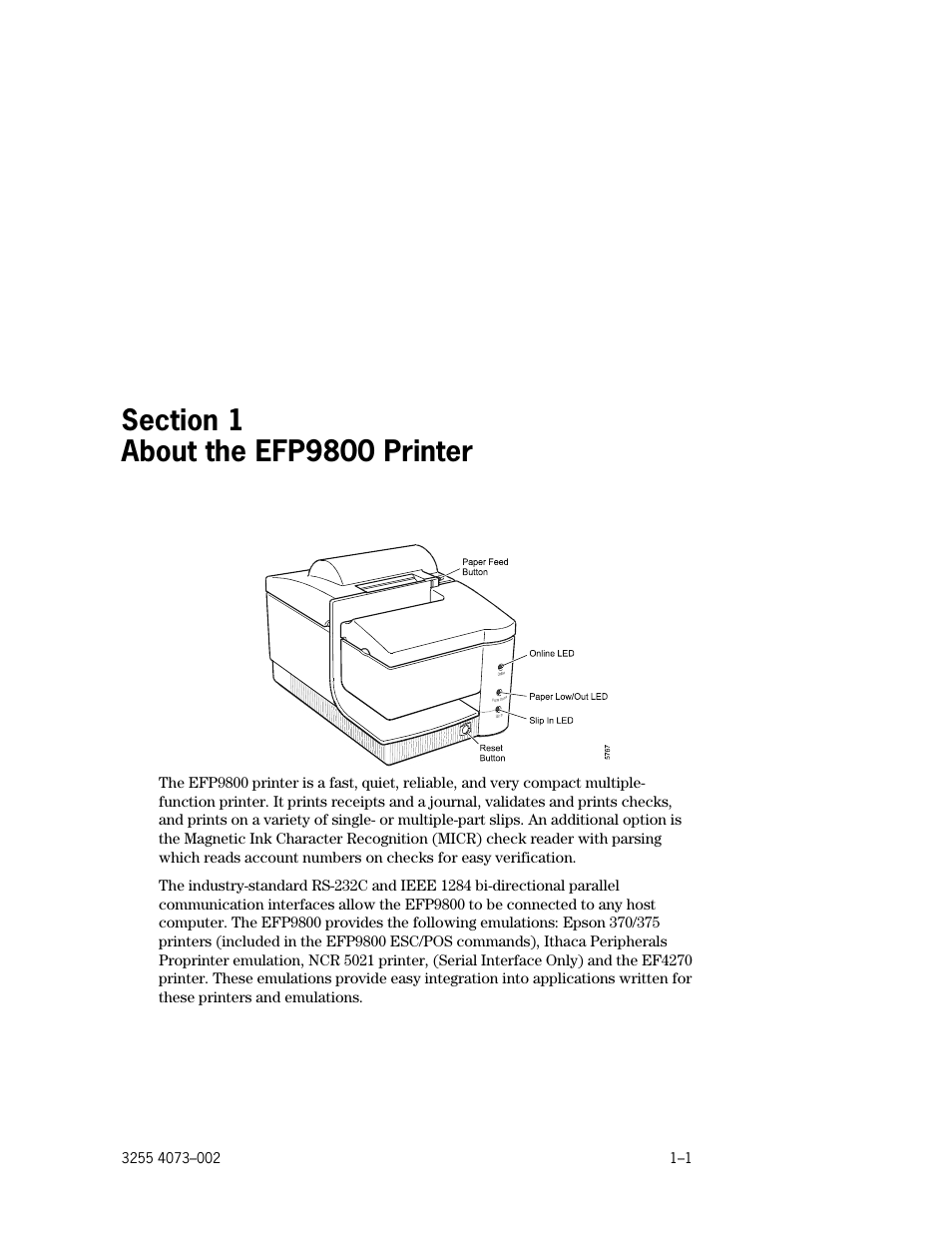 Section 1. about the efp9800 printer, Section 1, About the efp9800 printer | Unisys E-@CTION EFP9800 User Manual | Page 17 / 268