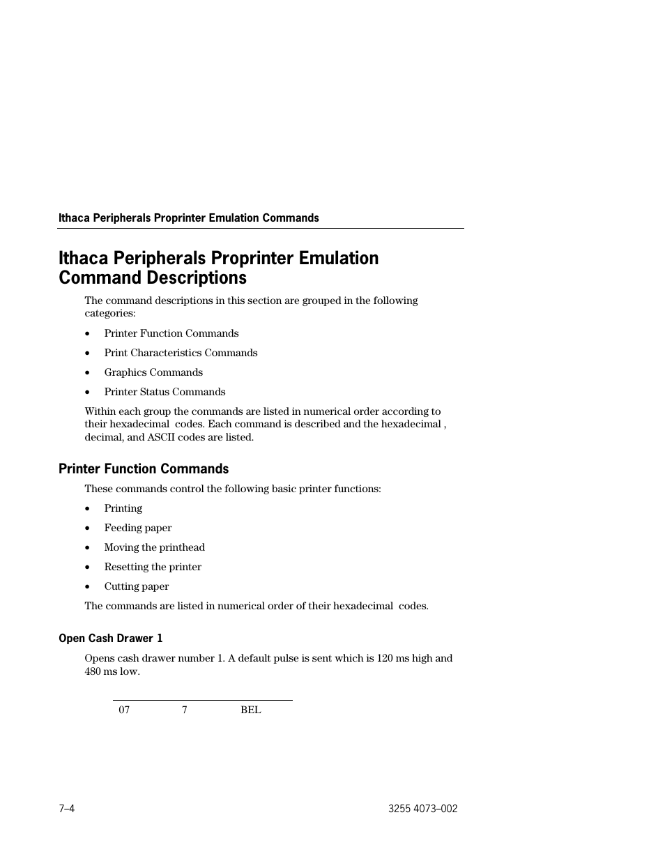 Printer function commands, Ithaca peripherals proprinter emulation command, Descriptions –4 | Printer function commands –4, Open cash drawer 1 –4 | Unisys E-@CTION EFP9800 User Manual | Page 172 / 268