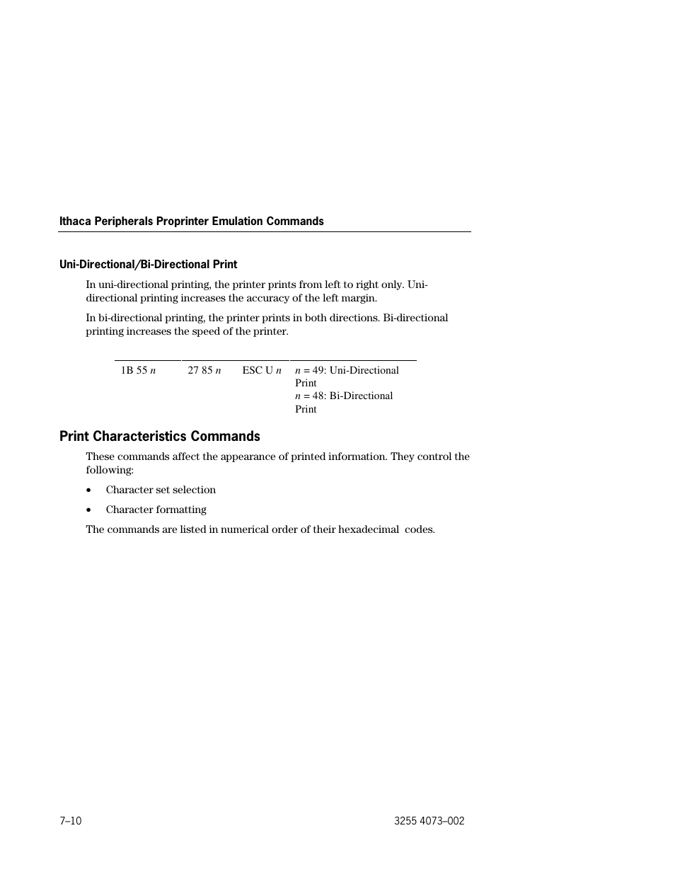 Print characteristics commands, Uni-directional/bi-directional print –10, Print characteristics commands –10 | Unisys E-@CTION EFP9800 User Manual | Page 178 / 268