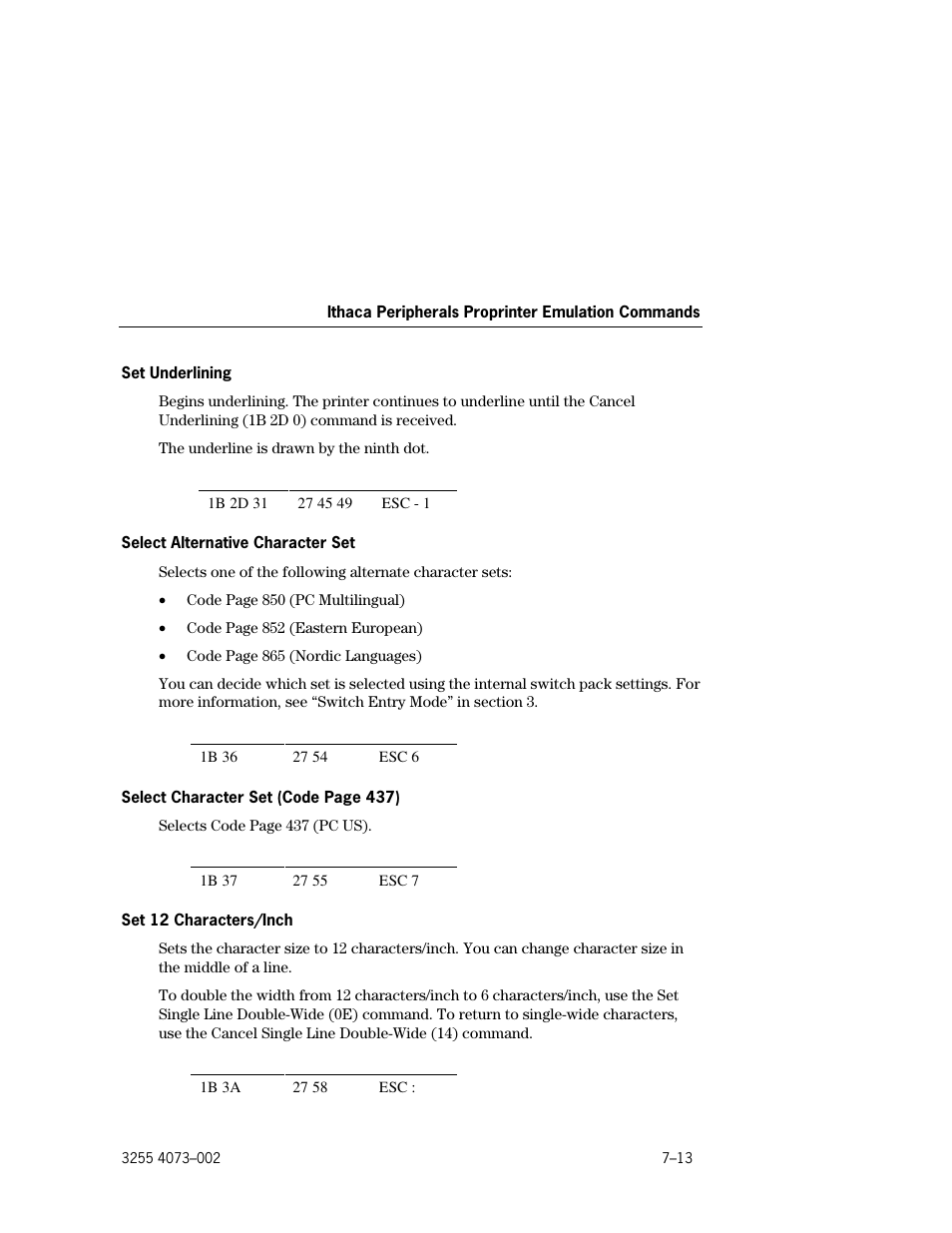 Set underlining –13, Select alternative character set –13, Set 12 characters/inch –13 | Unisys E-@CTION EFP9800 User Manual | Page 181 / 268