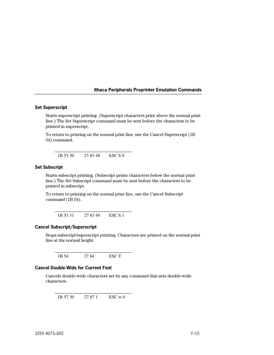 Set superscript –15, Set subscript –15, Cancel subscript/superscript –15 | Cancel double-wide for current font –15 | Unisys E-@CTION EFP9800 User Manual | Page 183 / 268
