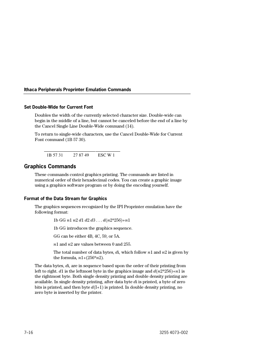 Graphics commands, Set double-wide for current font –16, Graphics commands –16 | Format of the data stream for graphics –16 | Unisys E-@CTION EFP9800 User Manual | Page 184 / 268