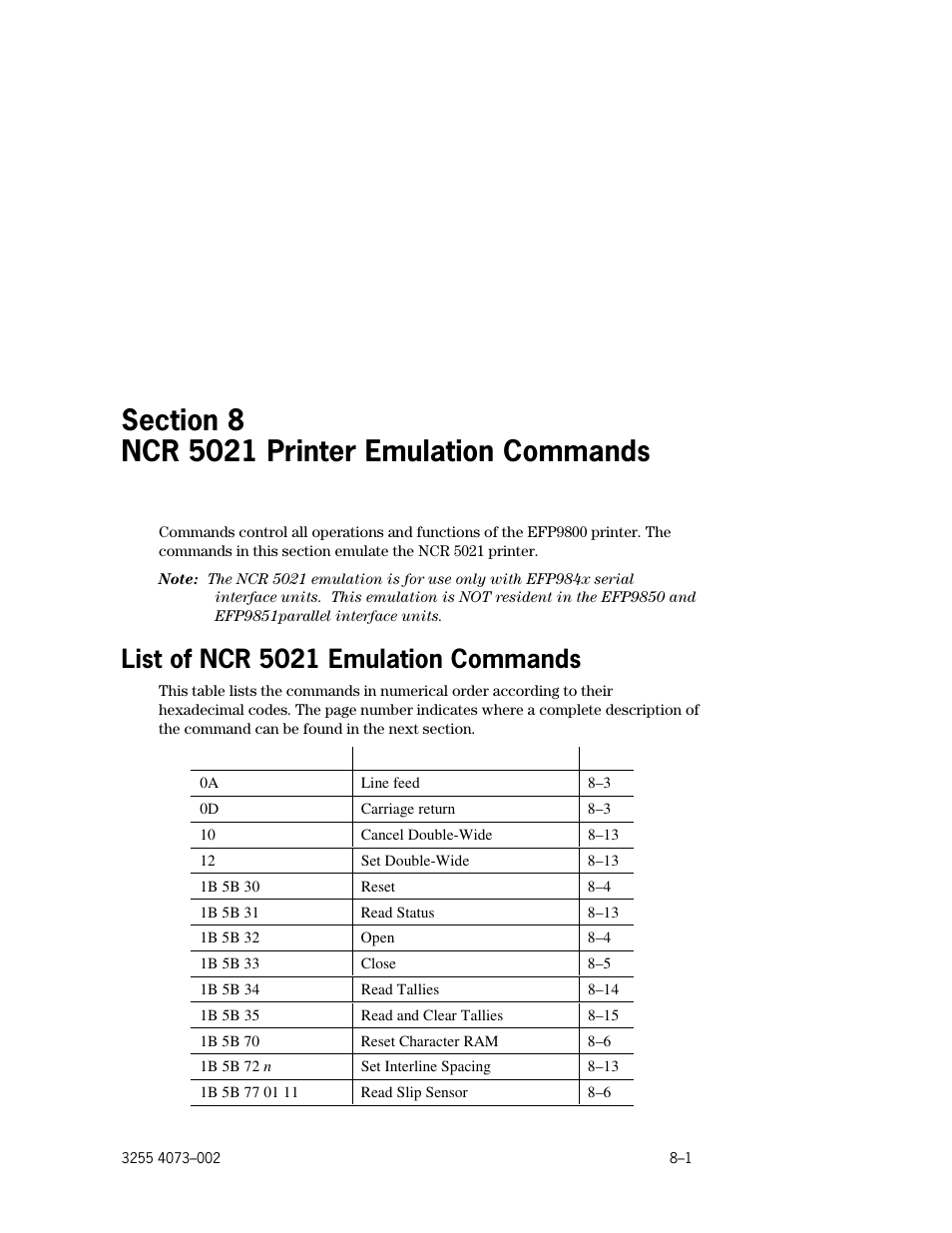 Section 8. ncr 5021 printer emulation commands, List of ncr 5021 emulation commands, Section 8 | Ncr 5021 printer emulation commands, List of ncr 5021 emulation commands –1 | Unisys E-@CTION EFP9800 User Manual | Page 189 / 268