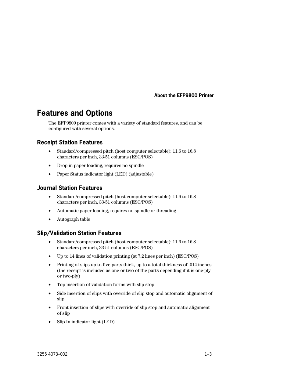 Features and options, Receipt station features, Journal station features | Slip/validation station features, Features and options –3, Receipt station features –3, Journal station features –3, Slip/validation station features –3 | Unisys E-@CTION EFP9800 User Manual | Page 19 / 268