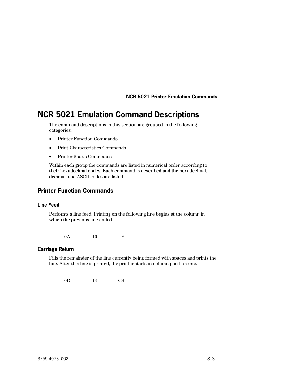 Ncr 5021 emulation command descriptions, Printer function commands, Ncr 5021 emulation command descriptions –3 | Printer function commands –3, Line feed –3, Carriage return –3 | Unisys E-@CTION EFP9800 User Manual | Page 191 / 268