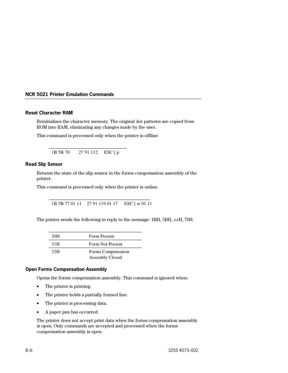 Reset character ram –6, Read slip sensor –6, Open forms compensation assembly –6 | Unisys E-@CTION EFP9800 User Manual | Page 194 / 268