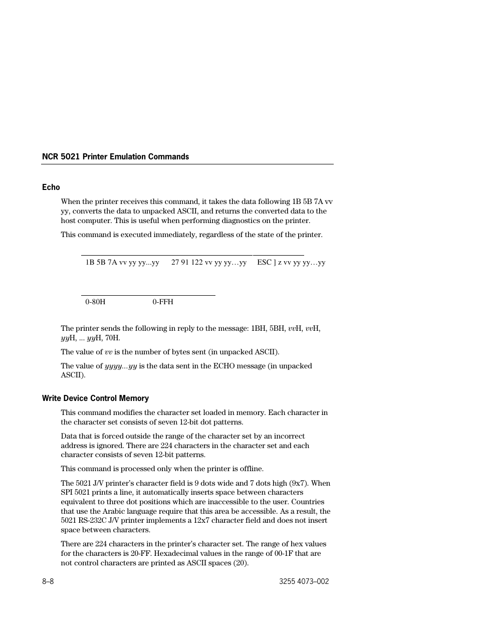 Echo –8, Write device control memory –8 | Unisys E-@CTION EFP9800 User Manual | Page 196 / 268