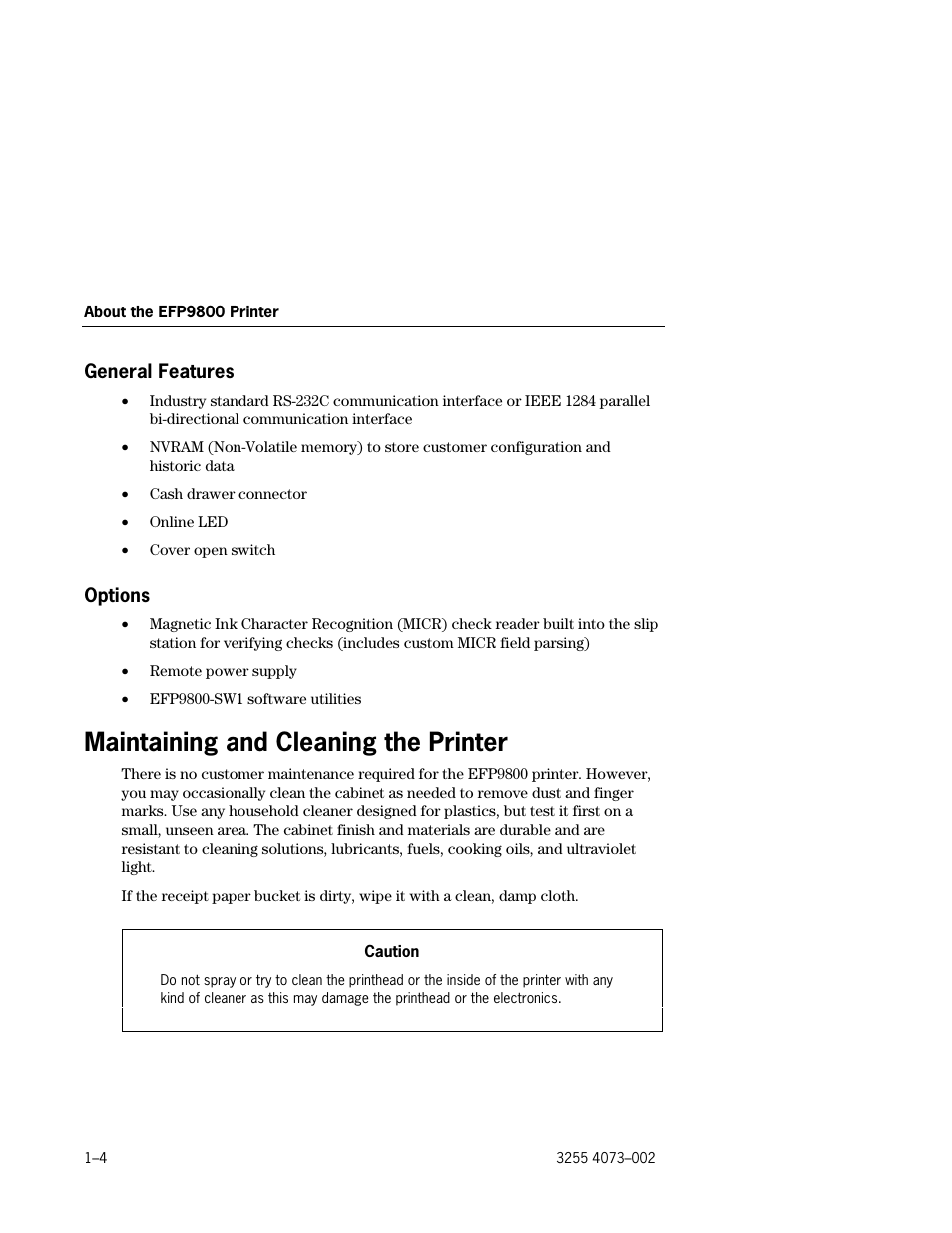 General features, Options, Maintaining and cleaning the printer | General features –4, Options –4, Maintaining and cleaning the printer –4 | Unisys E-@CTION EFP9800 User Manual | Page 20 / 268