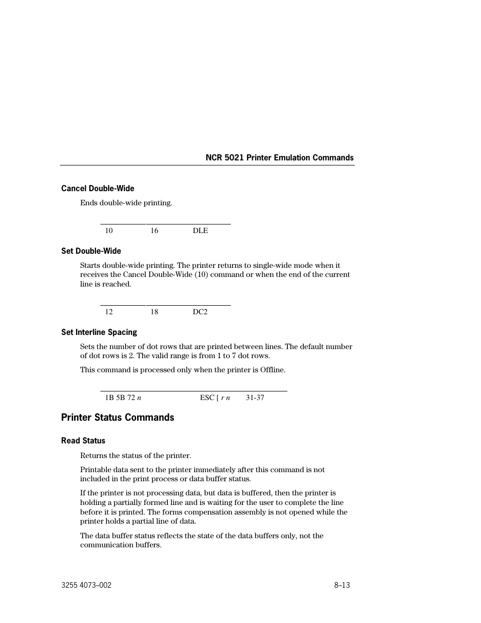 Printer status commands, Cancel double-wide –13, Set double-wide –13 | Set interline spacing –13, Printer status commands –13, Read status –13 | Unisys E-@CTION EFP9800 User Manual | Page 201 / 268