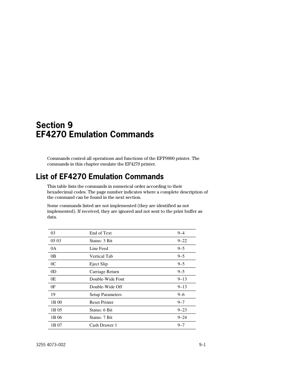 Section 9. ef4270 emulation commands, List of ef4270 emulation commands, Section 9 | Ef4270 emulation commands, List of ef4270 emulation commands –1 | Unisys E-@CTION EFP9800 User Manual | Page 205 / 268