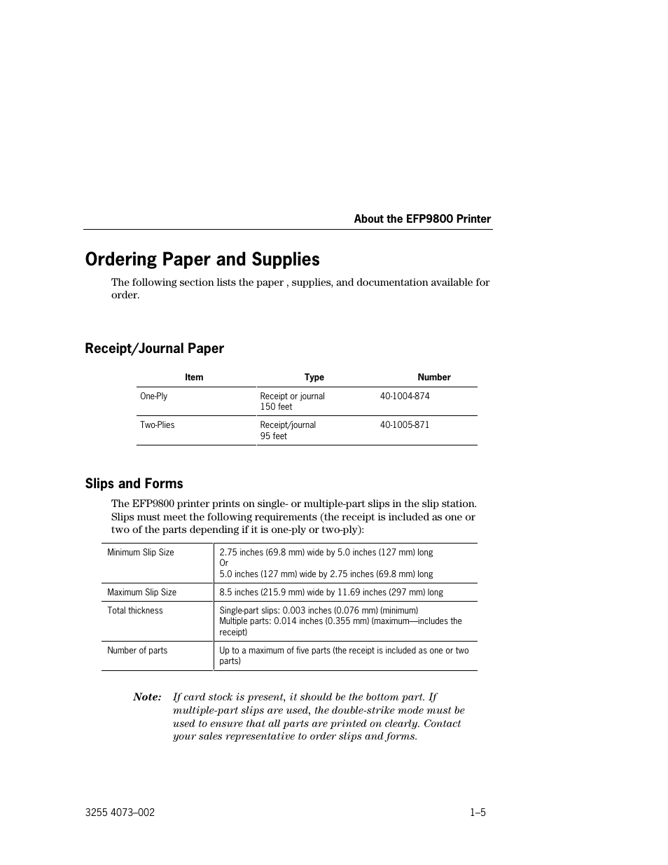 Ordering paper and supplies, Receipt/journal paper, Slips and forms | Ordering paper and supplies –5, Receipt/journal paper –5, Slips and forms –5 | Unisys E-@CTION EFP9800 User Manual | Page 21 / 268