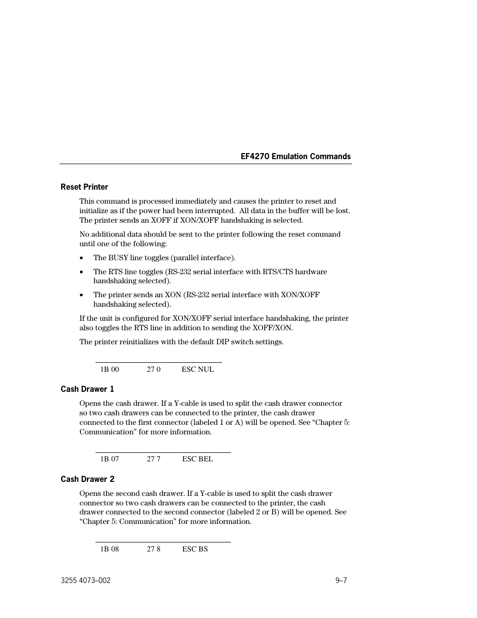 Reset printer –7, Cash drawer 1 –7, Cash drawer 2 –7 | Unisys E-@CTION EFP9800 User Manual | Page 211 / 268