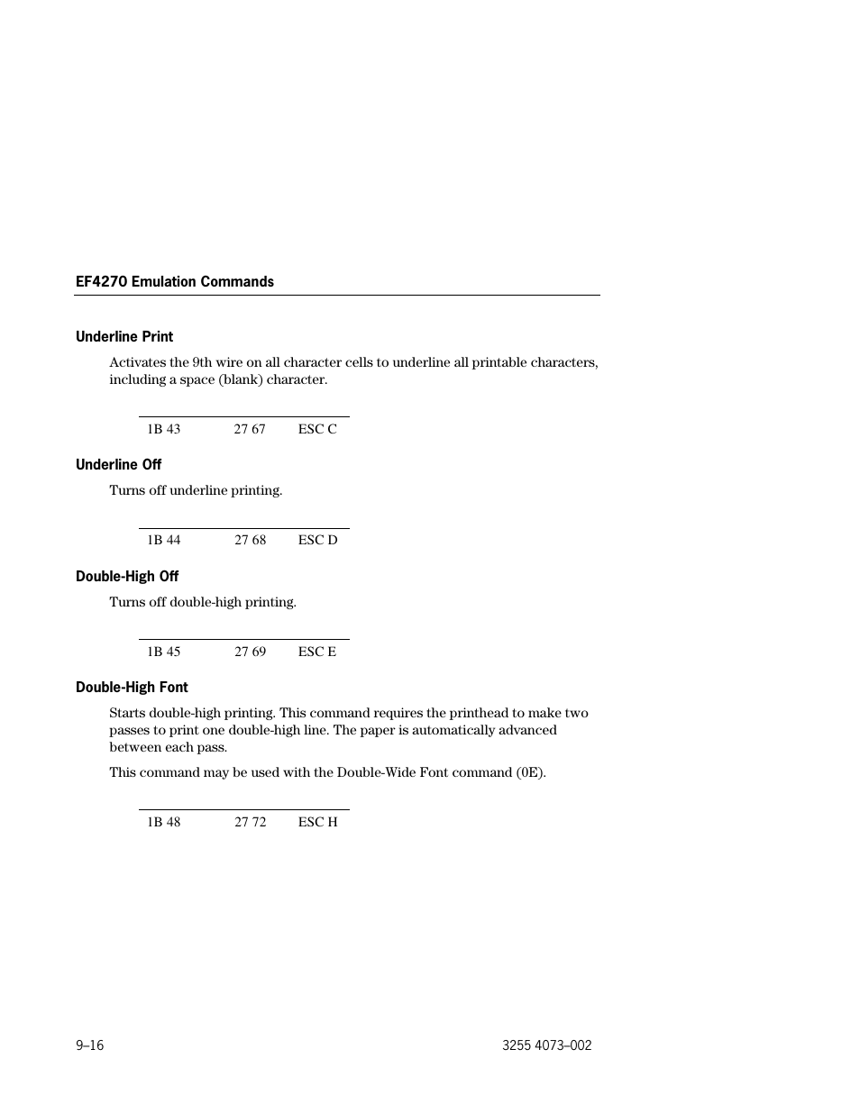 Underline print –16, Underline off –16, Double-high off –16 | Double-high font –16 | Unisys E-@CTION EFP9800 User Manual | Page 220 / 268