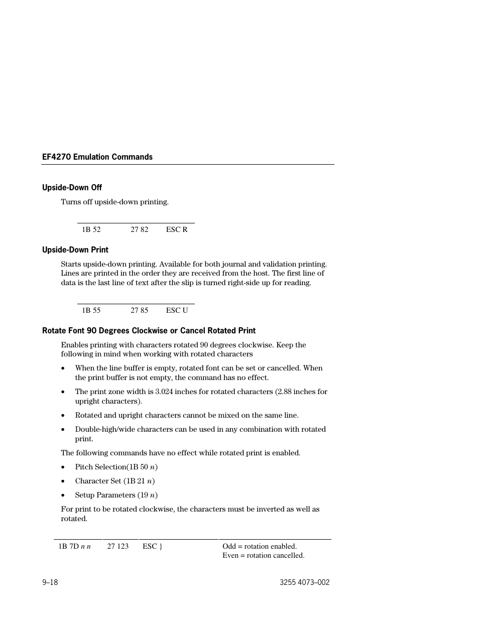 Upside-down off –18, Upside-down print –18, Rotate font 90 degrees clockwise or cancel | Rotated print –18 | Unisys E-@CTION EFP9800 User Manual | Page 222 / 268