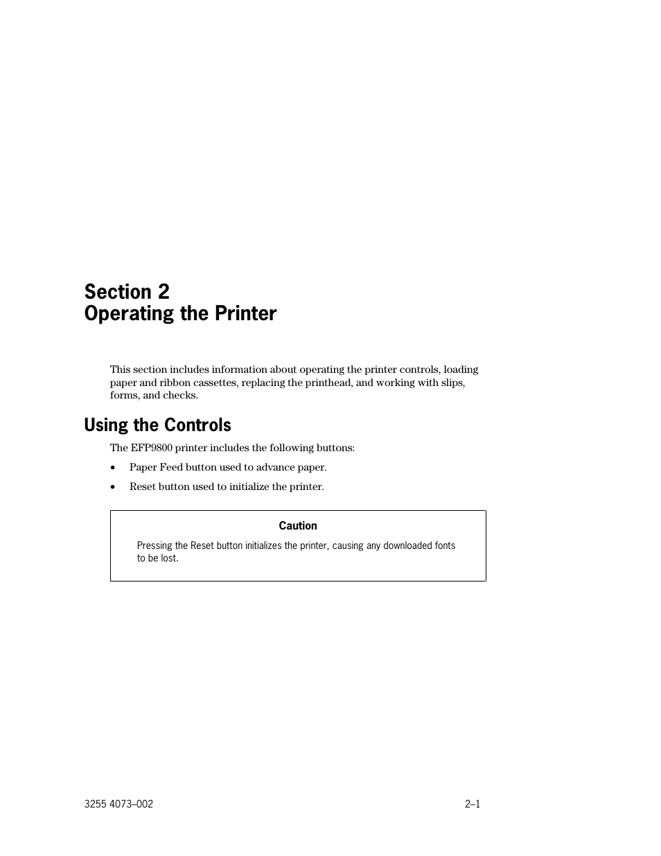 Section 2. operating the printer, Using the controls, Section 2 operating the printer | Using the controls –1 | Unisys E-@CTION EFP9800 User Manual | Page 23 / 268