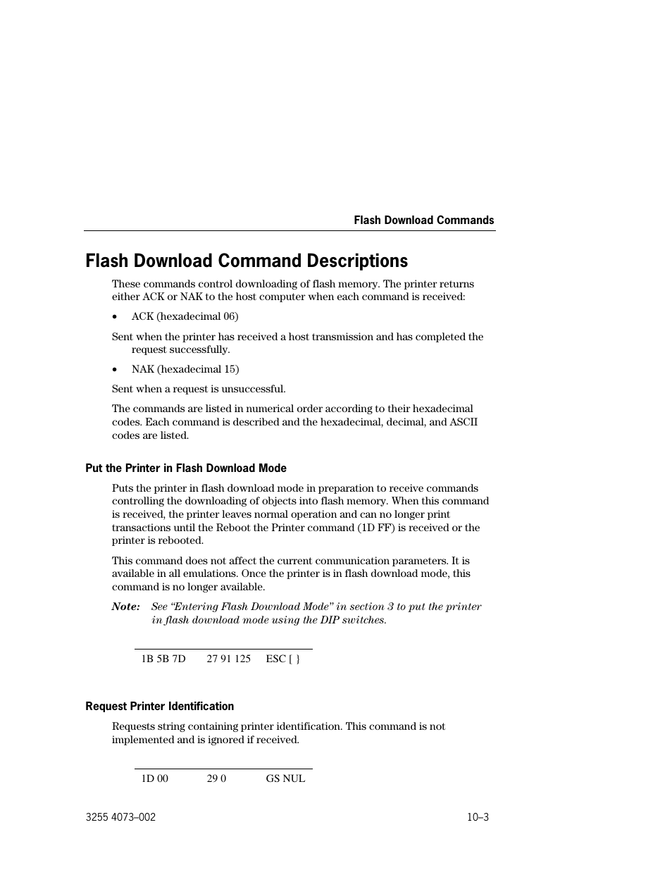 Flash download command descriptions, Flash download command descriptions –3, Put the printer in flash download mode –3 | Request printer identification –3 | Unisys E-@CTION EFP9800 User Manual | Page 231 / 268