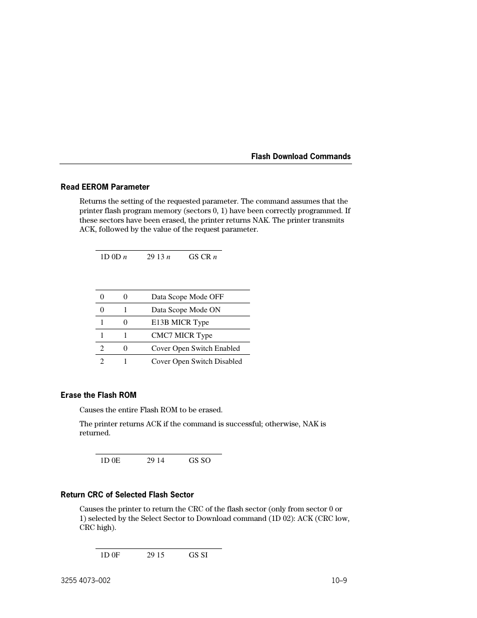 Read eerom parameter –9, Erase the flash rom –9, Return crc of selected flash sector –9 | Unisys E-@CTION EFP9800 User Manual | Page 237 / 268