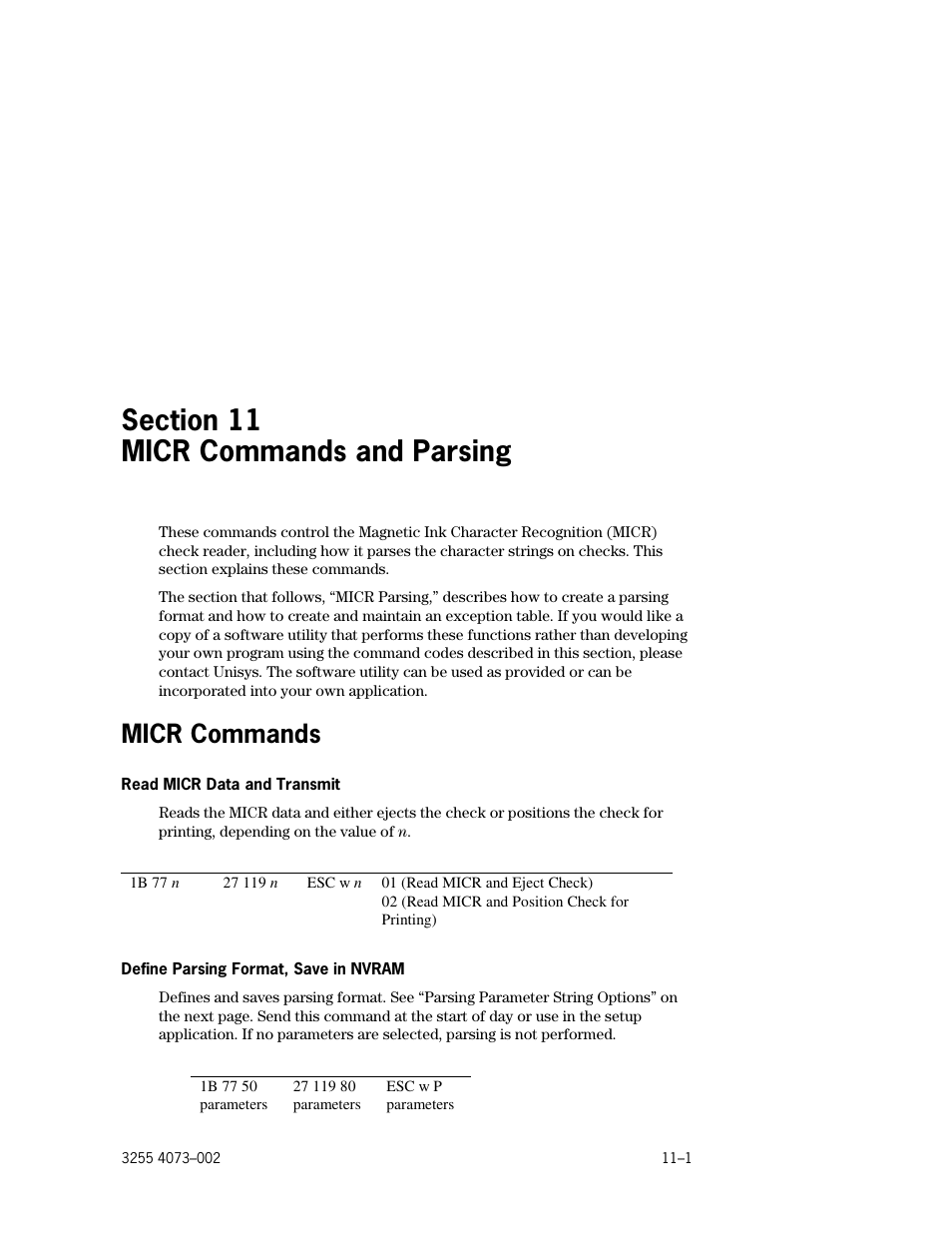Section 11. micr commands and parsing, Micr commands, Section 11 micr commands and parsing | Micr commands –1, Read micr data and transmit –1, Define parsing format, save in nvram –1 | Unisys E-@CTION EFP9800 User Manual | Page 241 / 268