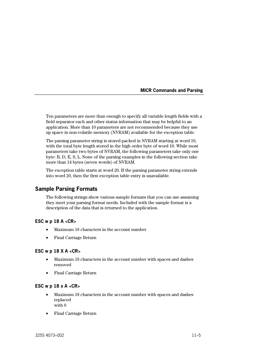 Sample parsing formats, Sample parsing formats –5, Esc w p 18 a <cr> –5 | Esc w p 18 x a <cr> –5 | Unisys E-@CTION EFP9800 User Manual | Page 245 / 268