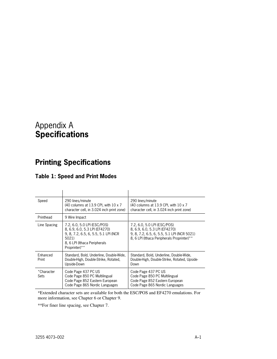 Appendix a specifications, Printing specifications, Table 1: speed and print modes | Unisys E-@CTION EFP9800 User Manual | Page 255 / 268