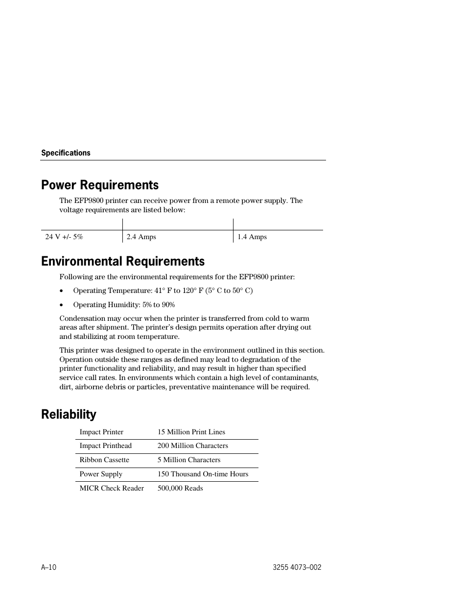 Power requirements, Environmental requirements, Reliability | Unisys E-@CTION EFP9800 User Manual | Page 264 / 268