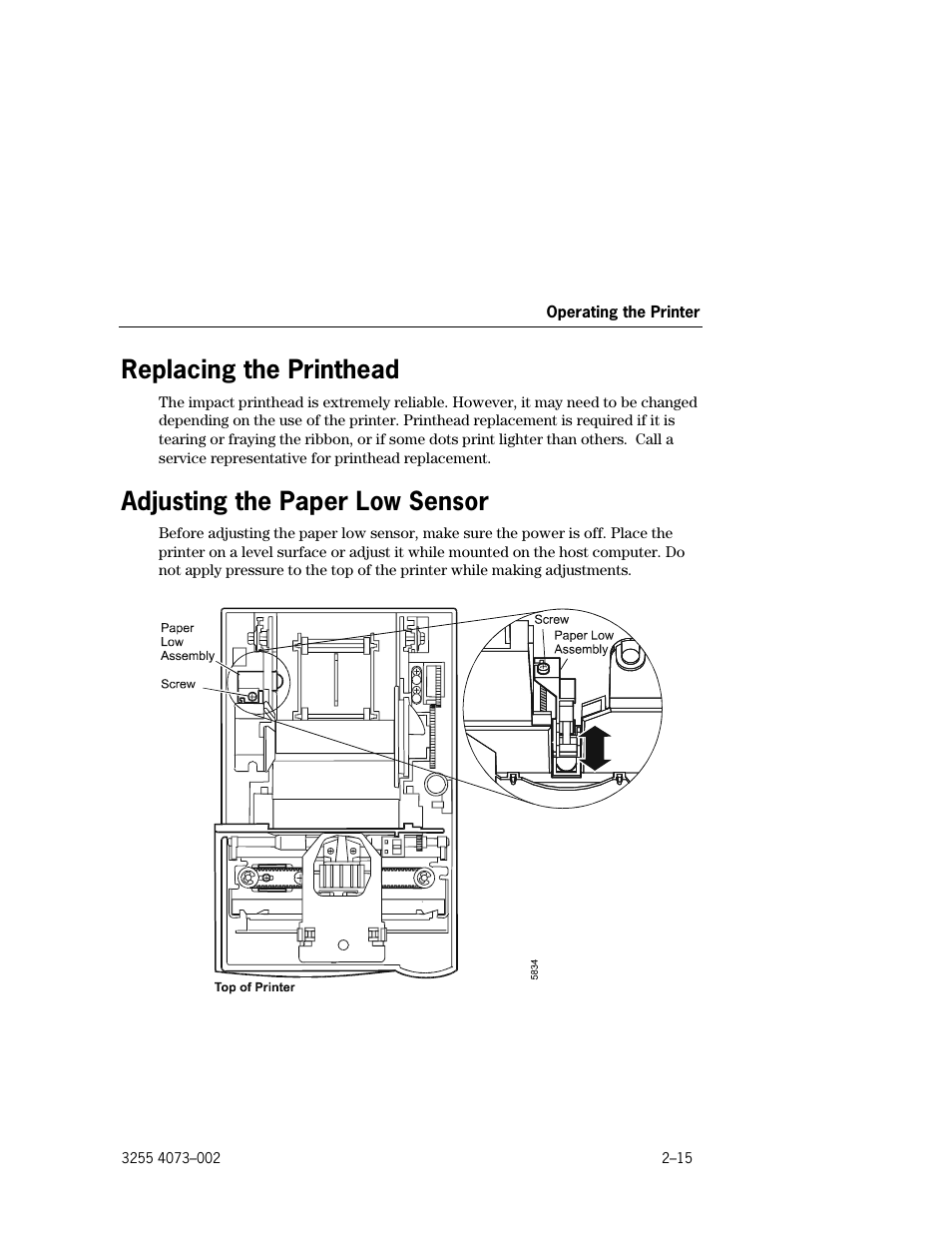 Replacing the printhead, Adjusting the paper low sensor | Unisys E-@CTION EFP9800 User Manual | Page 37 / 268