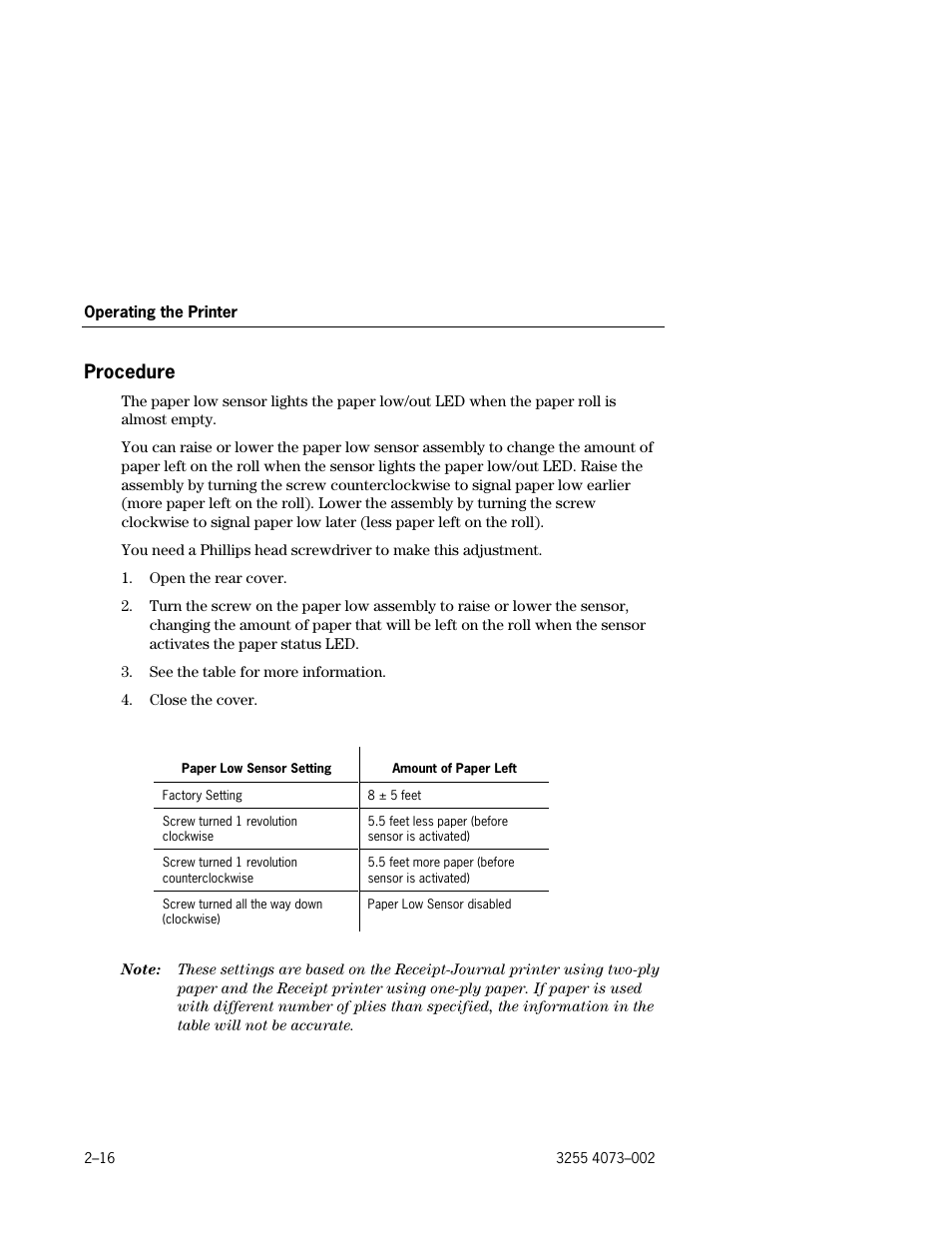 Procedure, Replacing the printhead –16, Adjusting the paper low sensor –16 | Unisys E-@CTION EFP9800 User Manual | Page 38 / 268