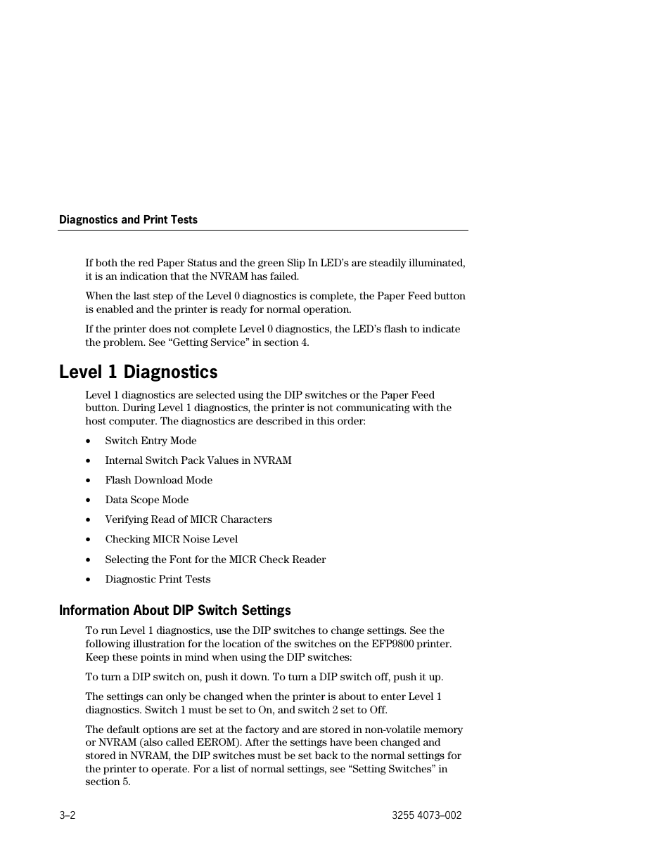 Level 1 diagnostics, Information about dip switch settings, Level 1 diagnostics –2 | Information about dip switch settings –2 | Unisys E-@CTION EFP9800 User Manual | Page 40 / 268