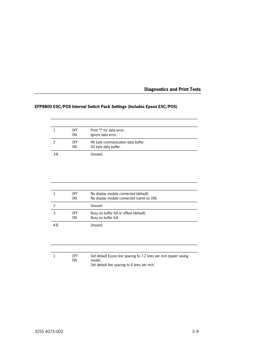 Efp9800 esc/pos internal switch pack settings, Includes epson esc/pos) –9 | Unisys E-@CTION EFP9800 User Manual | Page 47 / 268