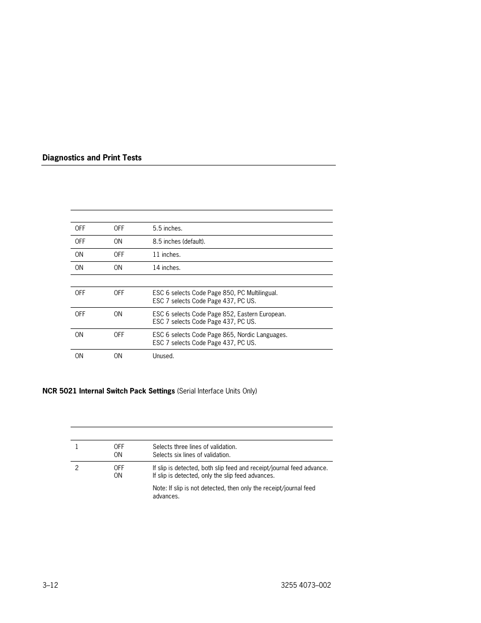 Ncr 5021 internal switch pack settings, Serial interface units only) –12 | Unisys E-@CTION EFP9800 User Manual | Page 50 / 268