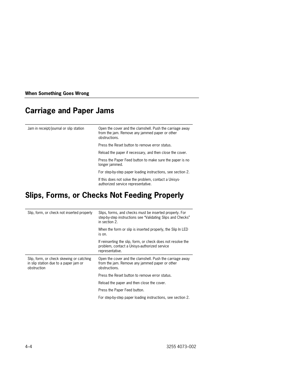 Carriage and paper jams, Slips, forms, or checks not feeding properly, Carriage and paper jams –4 | Slips, forms, or checks not feeding properly –4 | Unisys E-@CTION EFP9800 User Manual | Page 76 / 268