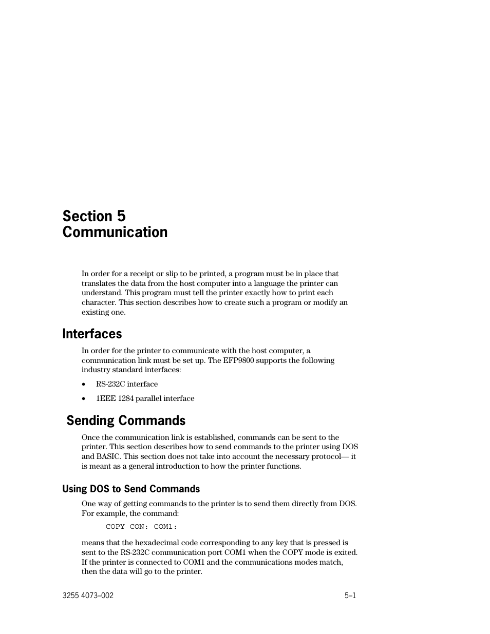 Section 5. communication, Interfaces, Sending commands | Using dos to send commands, Section 5 communication, Interfaces –1, Sending commands –1, Using dos to send commands –1 | Unisys E-@CTION EFP9800 User Manual | Page 81 / 268