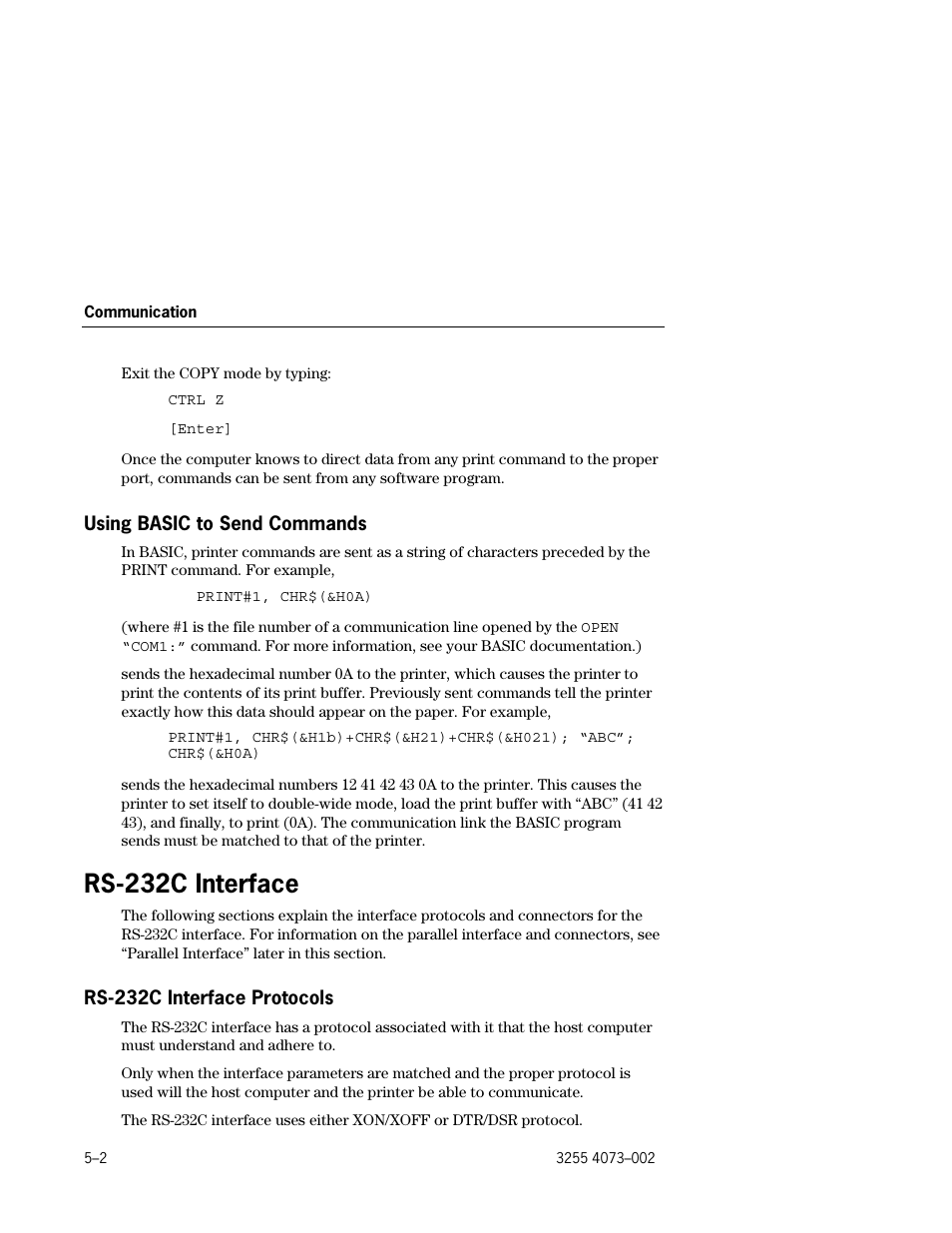 Using basic to send commands, Rs-232c interface, Rs-232c interface protocols | Using basic to send commands –2, Rs-232c interface –2, Rs-232c interface protocols –2 | Unisys E-@CTION EFP9800 User Manual | Page 82 / 268