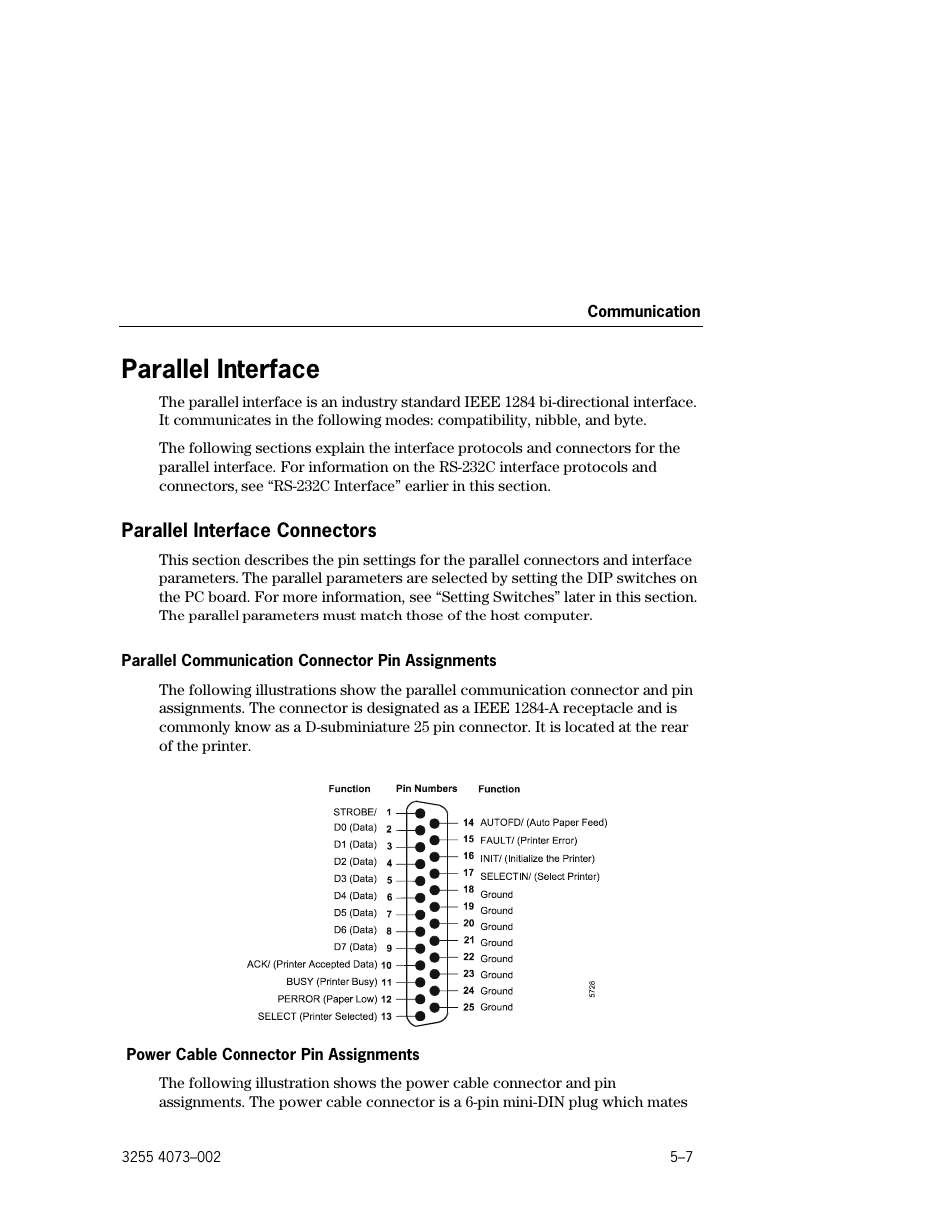 Parallel interface, Parallel interface connectors, Parallel interface –7 | Parallel interface connectors –7, Parallel communication connector pin, Assignments –7 | Unisys E-@CTION EFP9800 User Manual | Page 87 / 268
