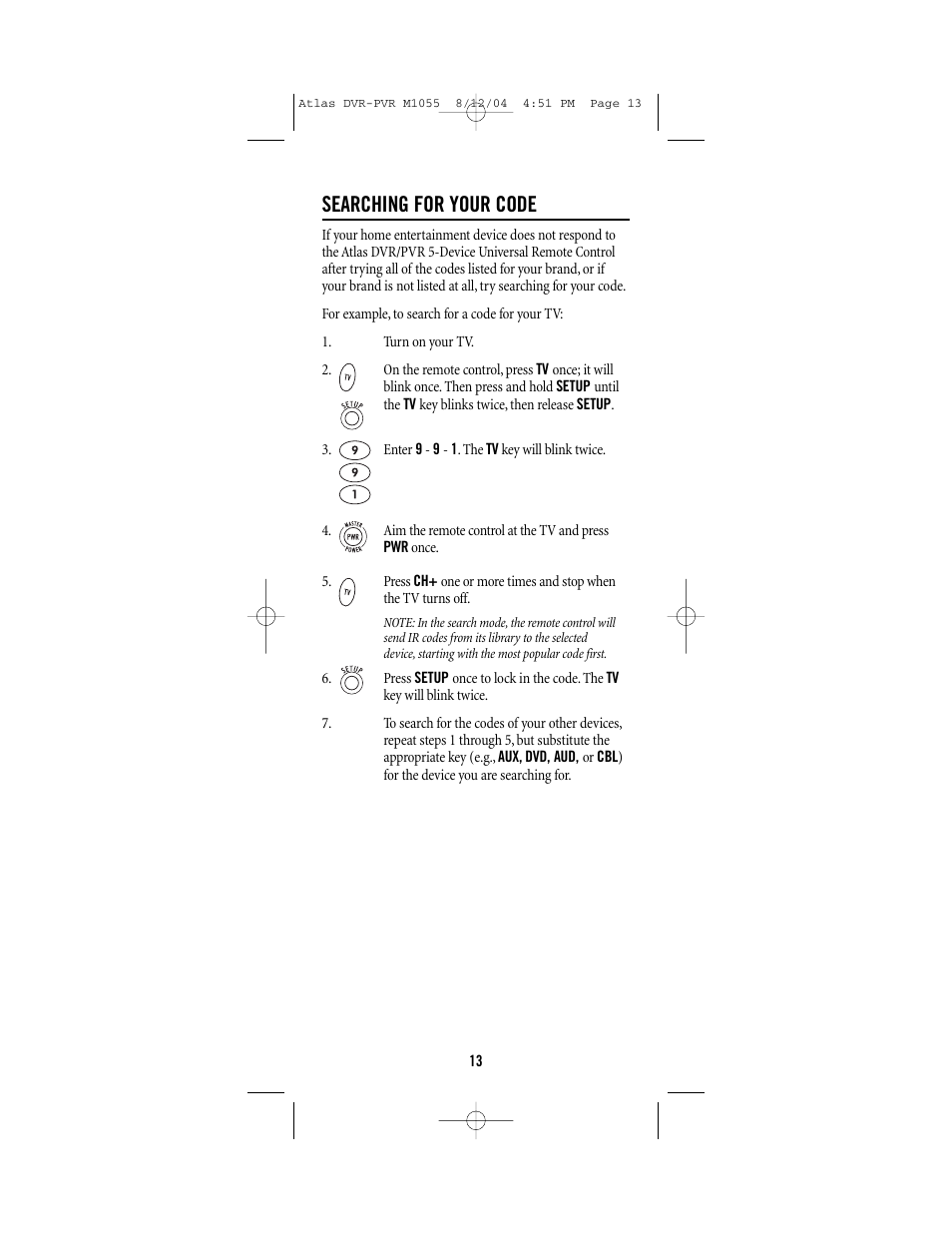 Searching for your code | Universal Electronics PVR 5 User Manual | Page 13 / 40