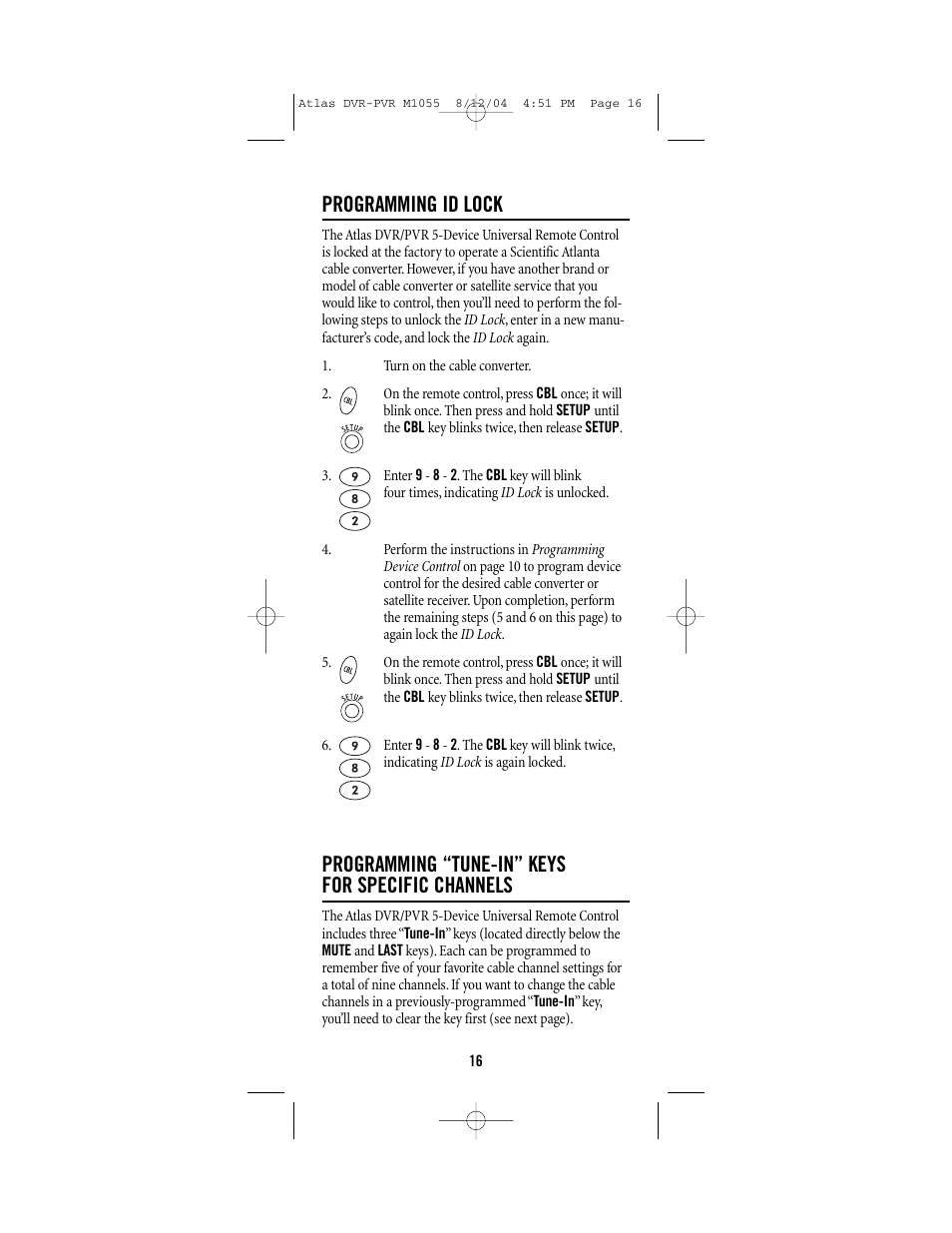 Programming id lock, Programming “tune-in” keys for specific channels | Universal Electronics PVR 5 User Manual | Page 16 / 40