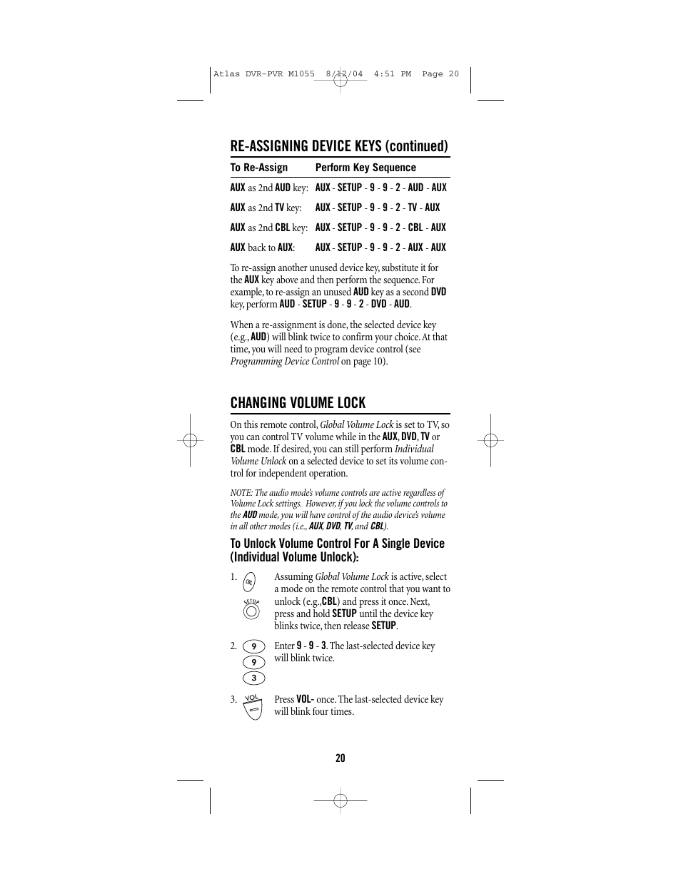Re-assigning device keys (continued), Changing volume lock | Universal Electronics PVR 5 User Manual | Page 20 / 40