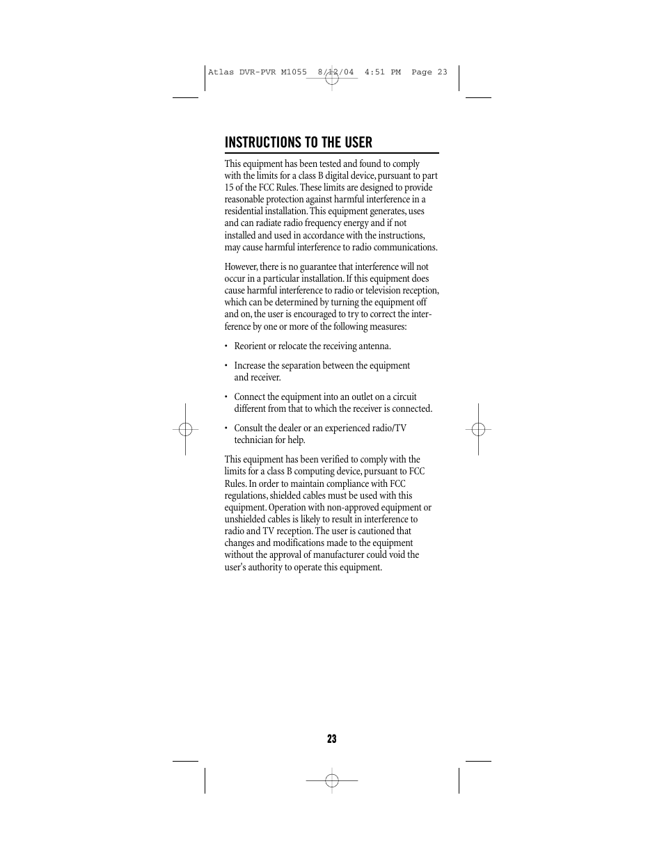 Instructions to the user | Universal Electronics PVR 5 User Manual | Page 23 / 40