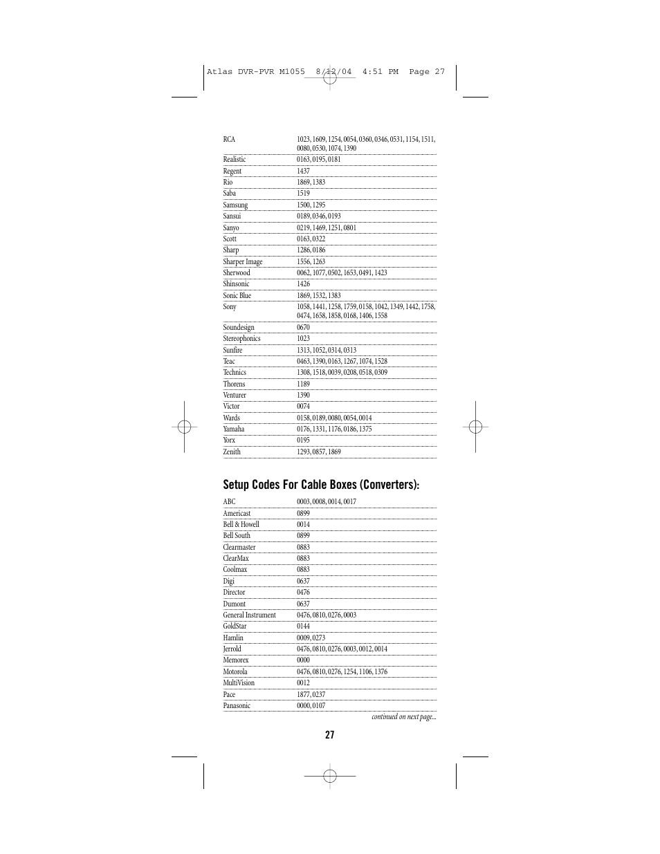 Setup codes for cable boxes (converters) | Universal Electronics PVR 5 User Manual | Page 27 / 40