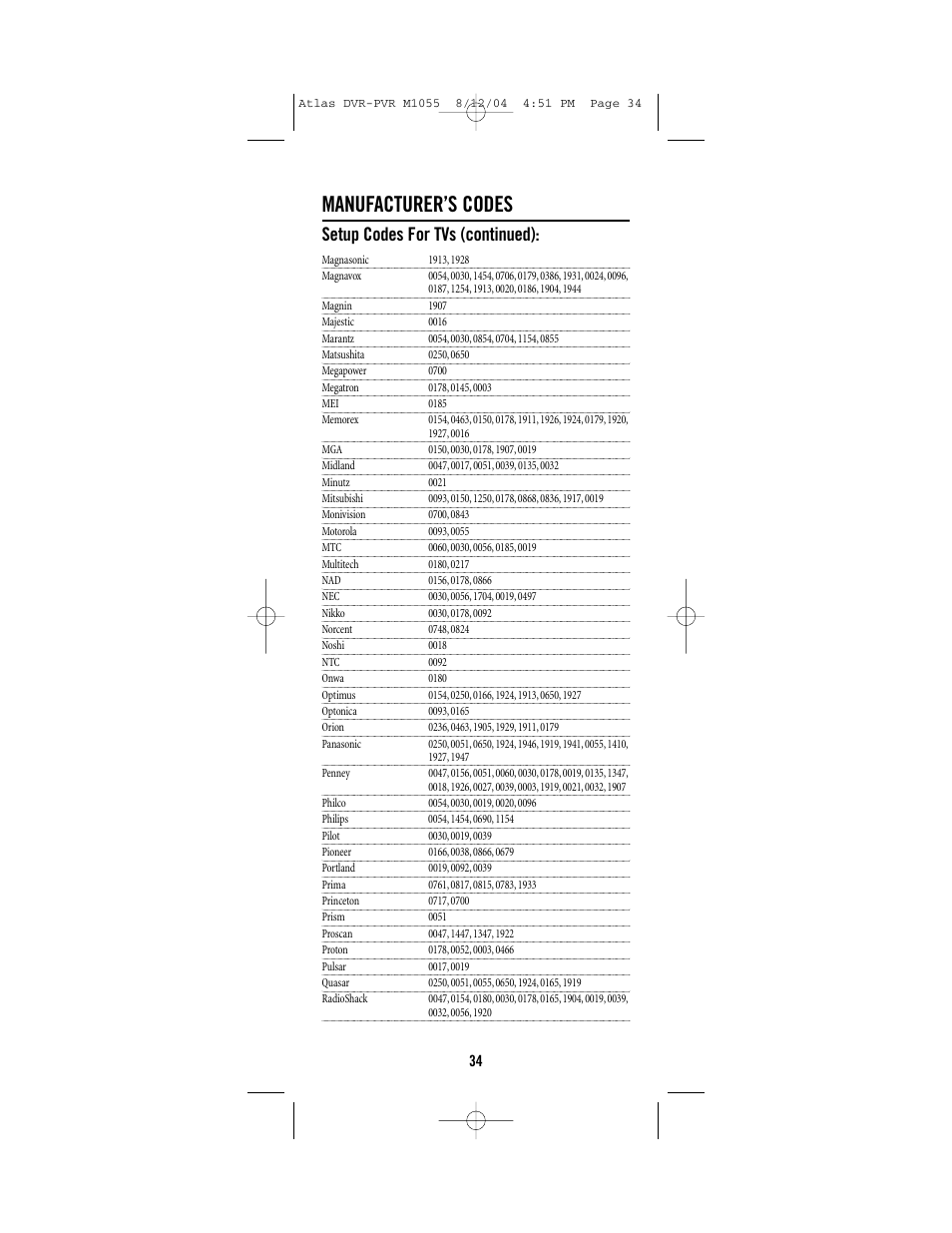 Manufacturer’s codes, Setup codes for tvs (continued) | Universal Electronics PVR 5 User Manual | Page 34 / 40
