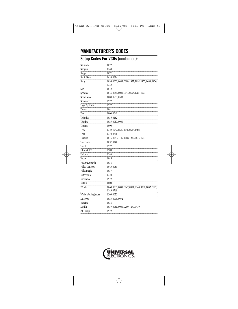 Manufacturer’s codes, Setup codes for vcrs (continued) | Universal Electronics PVR 5 User Manual | Page 40 / 40