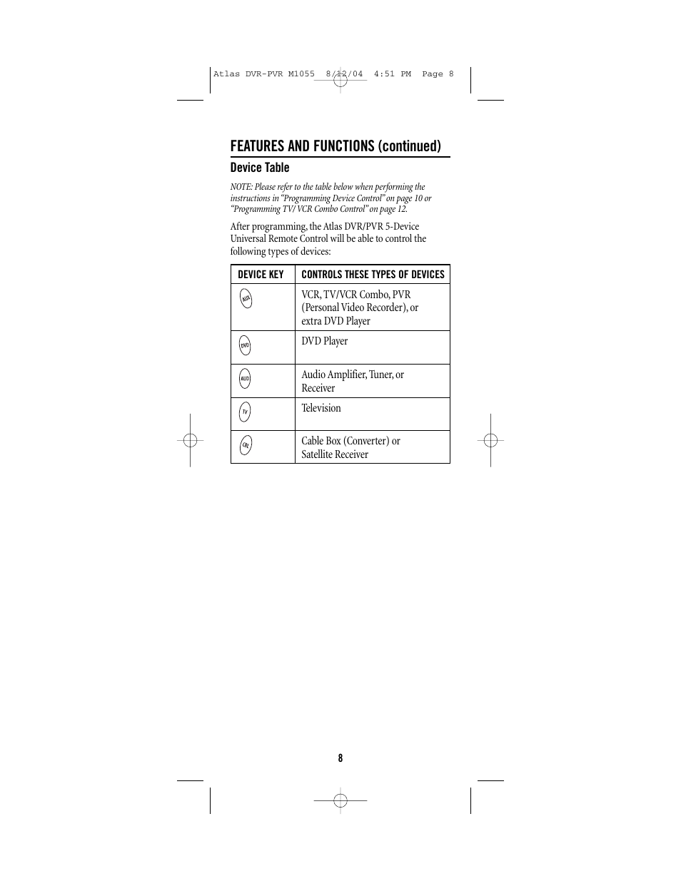 Features and functions (continued) | Universal Electronics PVR 5 User Manual | Page 8 / 40