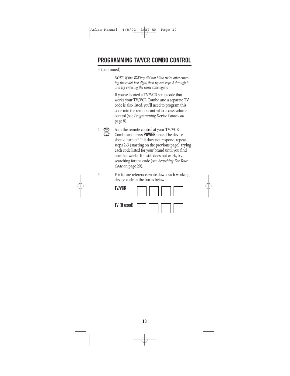 Programming tv/vcr combo control | Universal Electronics Atlas 4-DEVICE Universal Remote Control User Manual | Page 10 / 32