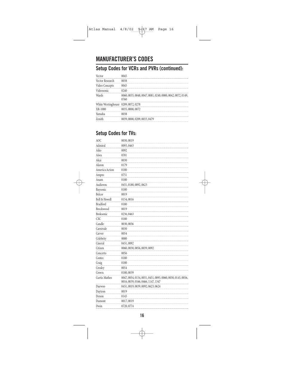 Manufacturer’s codes, Setup codes for vcrs and pvrs (continued), Setup codes for tvs | Universal Electronics Atlas 4-DEVICE Universal Remote Control User Manual | Page 16 / 32