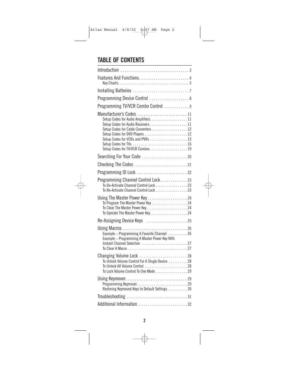 Universal Electronics Atlas 4-DEVICE Universal Remote Control User Manual | Page 2 / 32