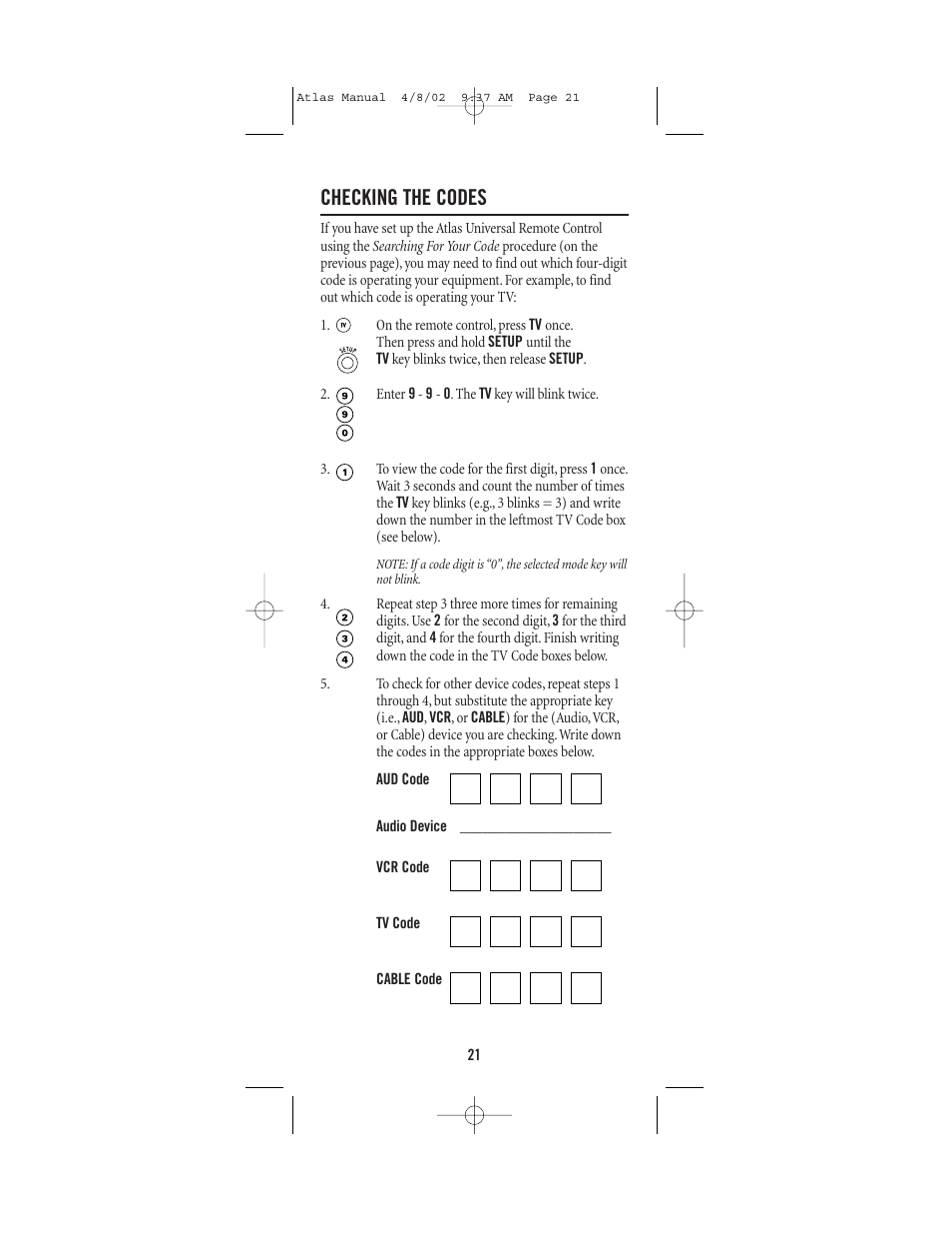 Checking the codes | Universal Electronics Atlas 4-DEVICE Universal Remote Control User Manual | Page 21 / 32