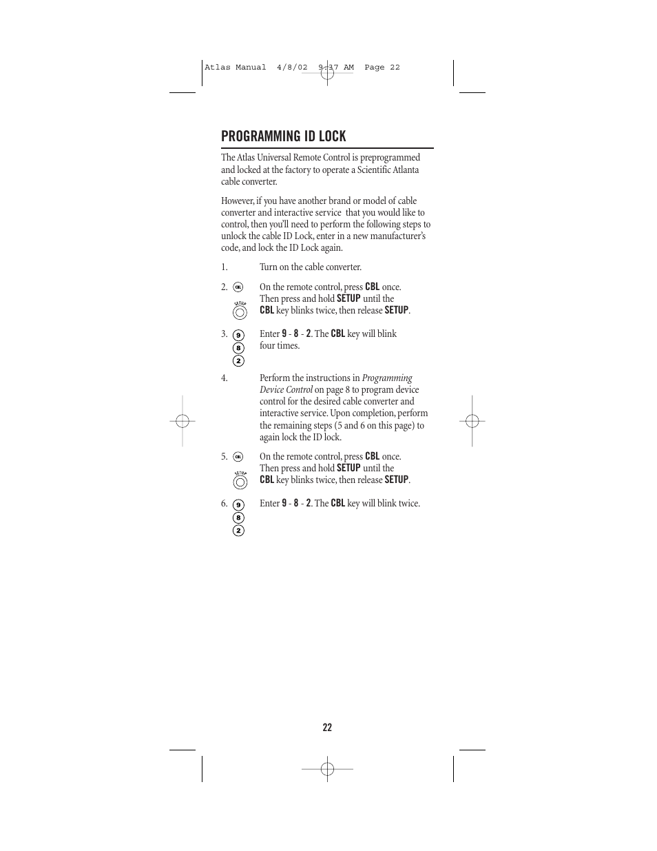 Programming id lock | Universal Electronics Atlas 4-DEVICE Universal Remote Control User Manual | Page 22 / 32